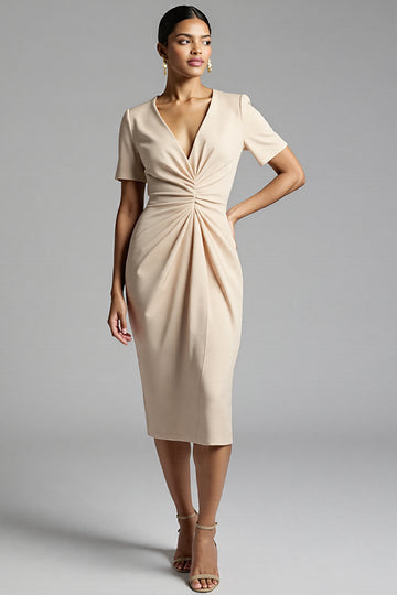 Ruched Champagne Bodycon Midi Dress